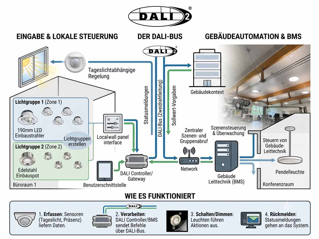 Infografik: DALI-2 Gebäudeautomation mit Eingabe- und lokaler Steuerung, DALI-Bus und Gebäudeautomation/BMS inklusive Statusmeldungen, Szenensteuerung und Gruppierung von Lichtgruppen