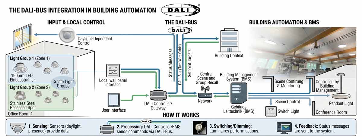Infographic: DALI-2 building automation showing input and local control, the DALI bus, and building automation/BMS including status reporting, scene control and lighting-group grouping