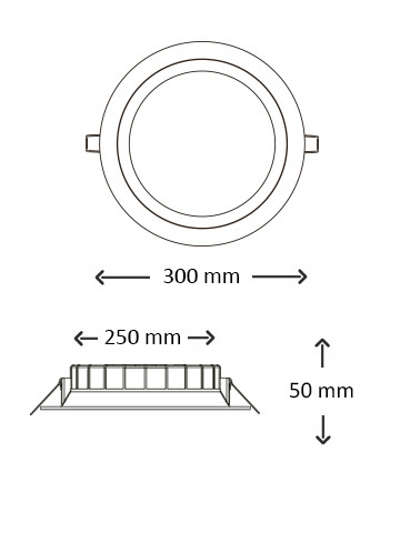Maßzeichnung 300mm LED Einbaustrahler ED10K — 300mm Außendurchmesser, 250–290mm Lochmaß, 50mm Einbauhöhe