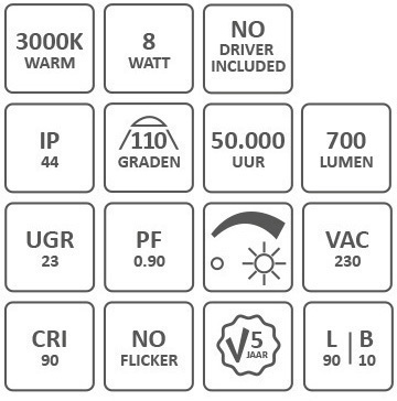 Spec icons 110mm LED ceiling spotlight 3000K: 8W, 700lm, CRI 94, IP44, trailing-edge dimming, 5-year warranty, L90/B10