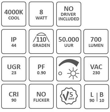 Spec icons 110mm LED ceiling spotlight 4000K: 8W, 700lm, CRI 94, IP44, trailing-edge dimming, 5-year warranty, L90/B10
