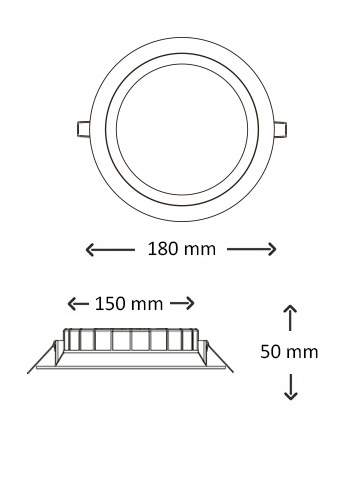 Dimensional drawing 180mm LED recessed downlight ED6KX — 180mm outer diameter, 150mm aperture, 50mm installation depth