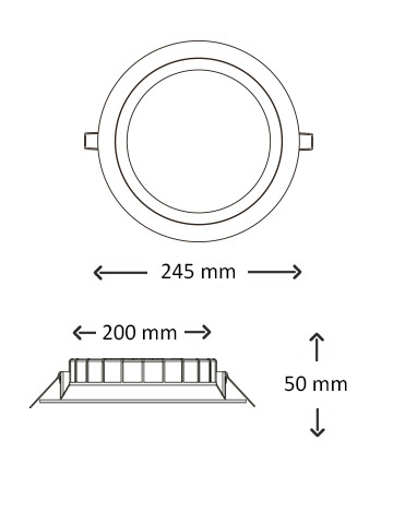 Maßzeichnung 245mm LED Einbauleuchte ED8KX — 245mm Außendurchmesser, 200–230mm Lochmaß