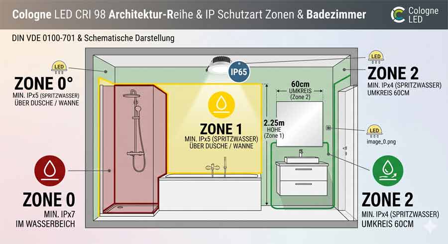 Beschreibung der IP Schutzarten im Badezimmer, welche Leuchten und IP Klassen in welchen Bereichen gefordert werden