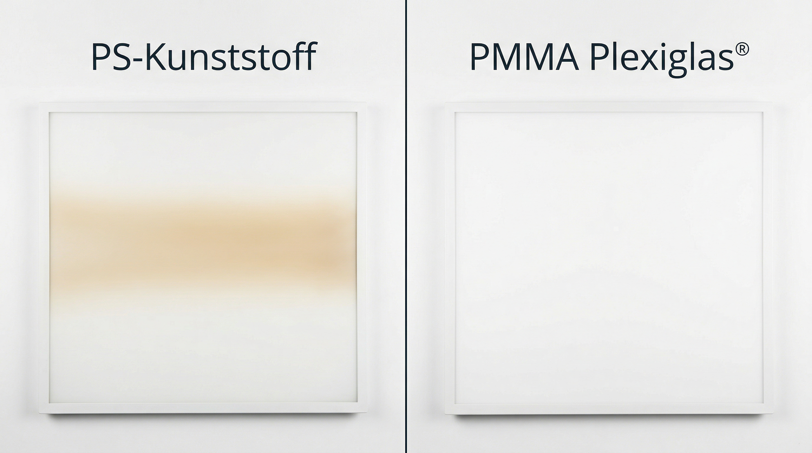 Comparison: yellowed PS plastic LED panel (left) vs. clear PMMA Plexiglas LED panel (right)