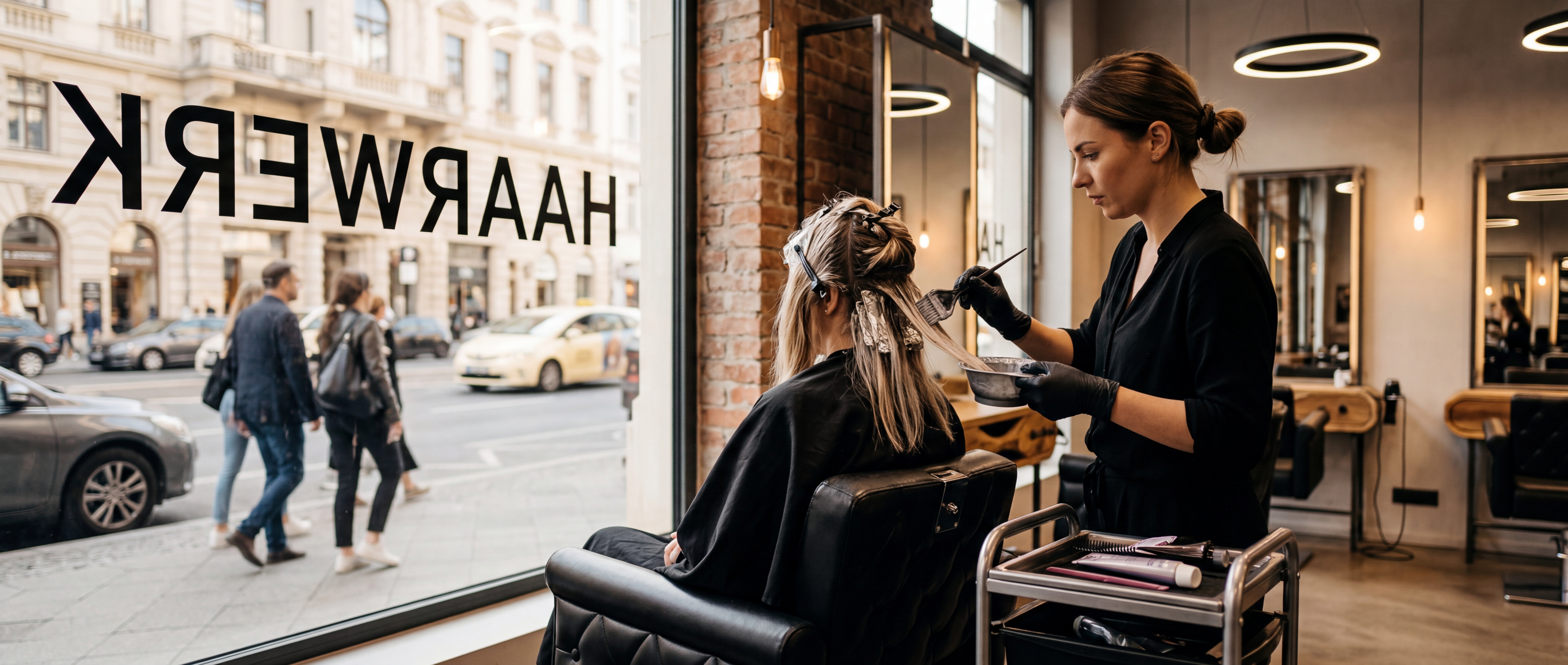 Professional colourist applying hair colour in a hair salon — precise colour work under professional LED lighting