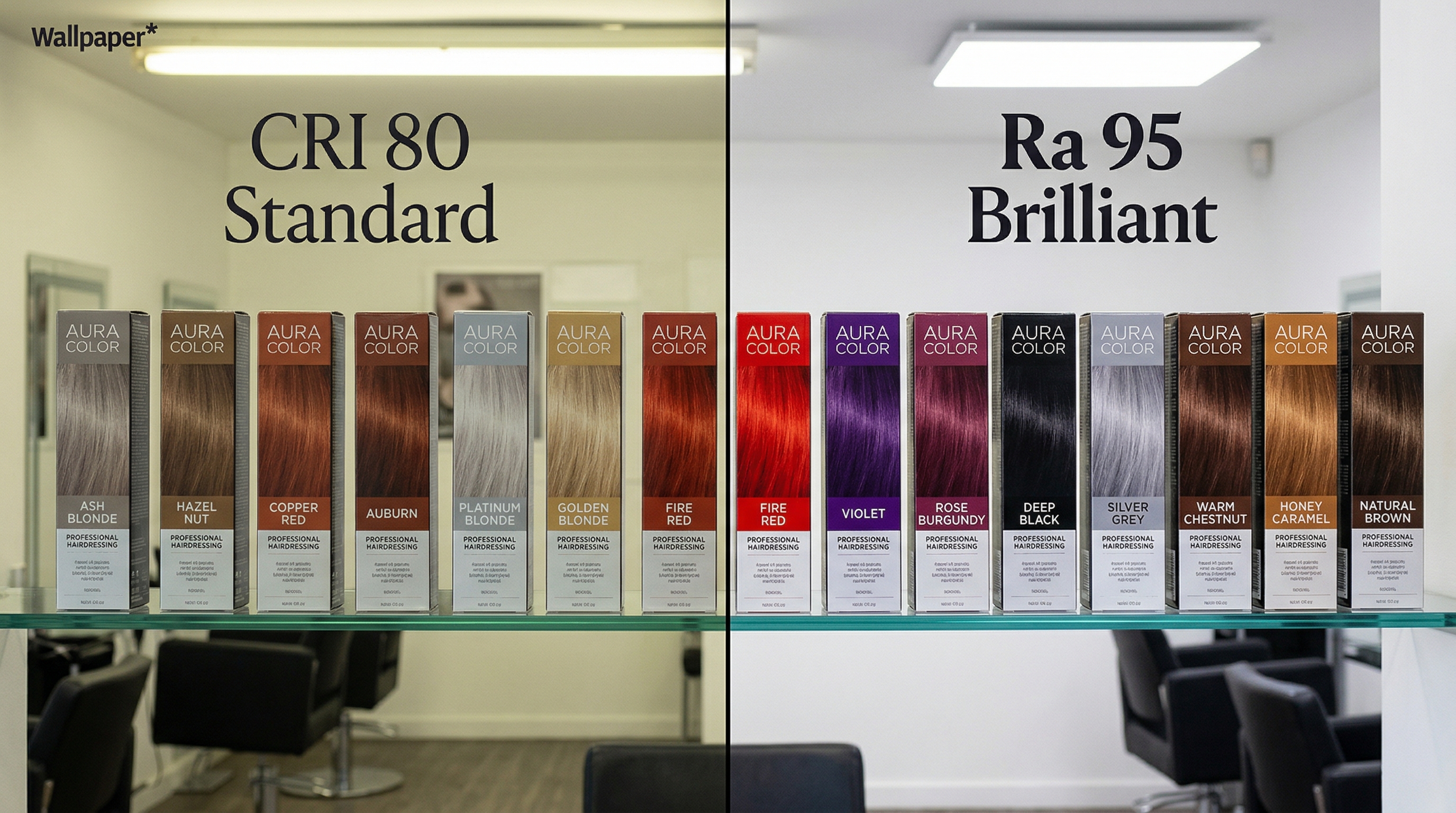 Visual comparison of CRI 80 standard lighting vs Ra 95 High-CRI lighting: hair colour products shown under both conditions