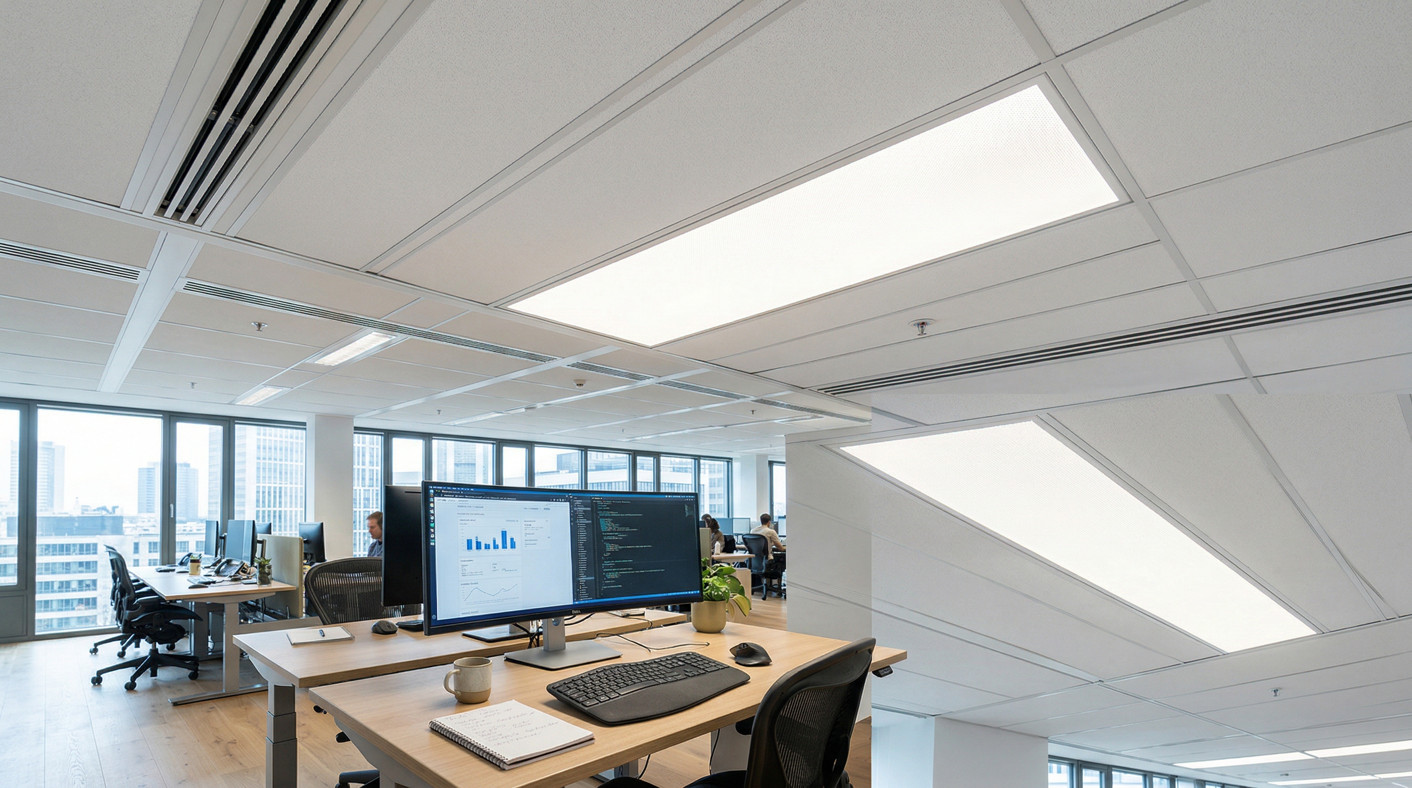 LED Panel 120x30 UGR19 installed in a grid ceiling above a desk — TUeV/GS certified, Ra 85, 4000K