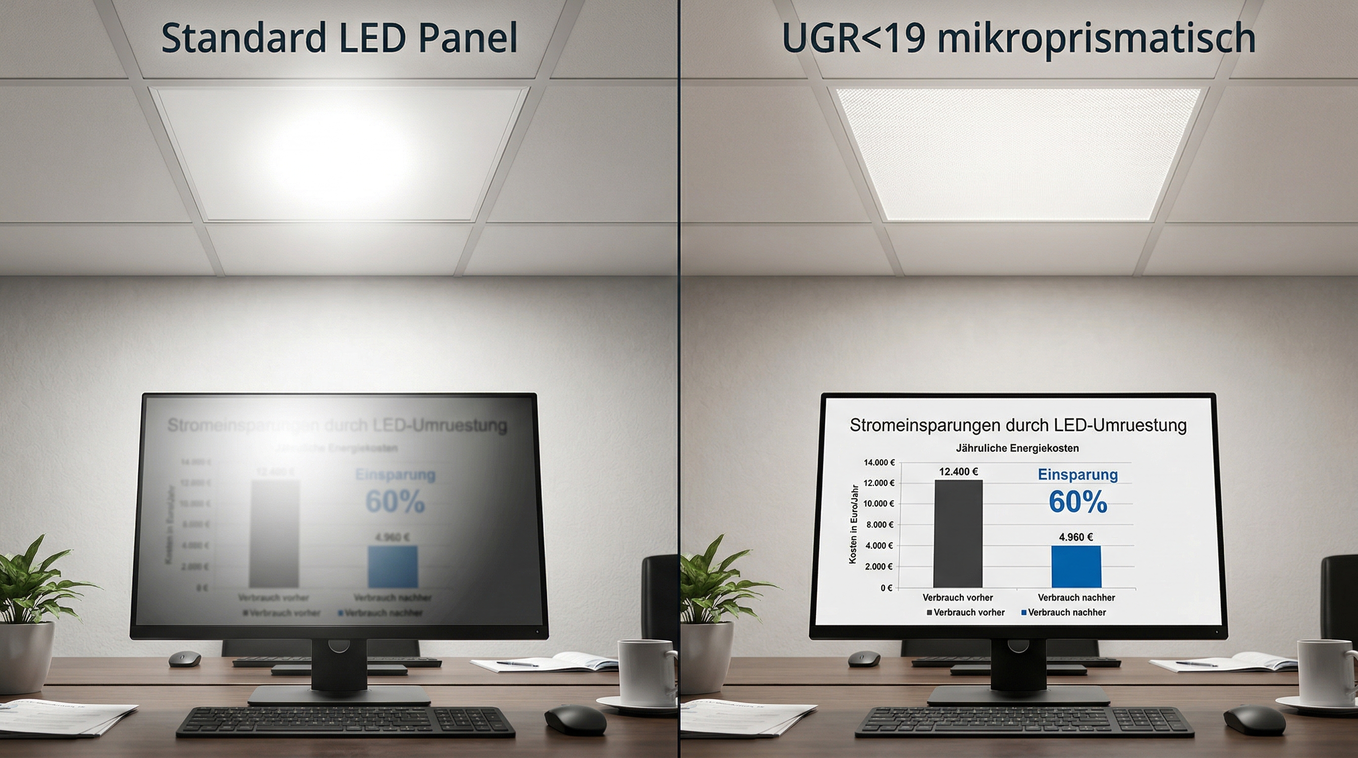 Infographic UGR glare comparison: standard-compliant LED panel UGR19 (left) vs. cheap panel without optics (right)